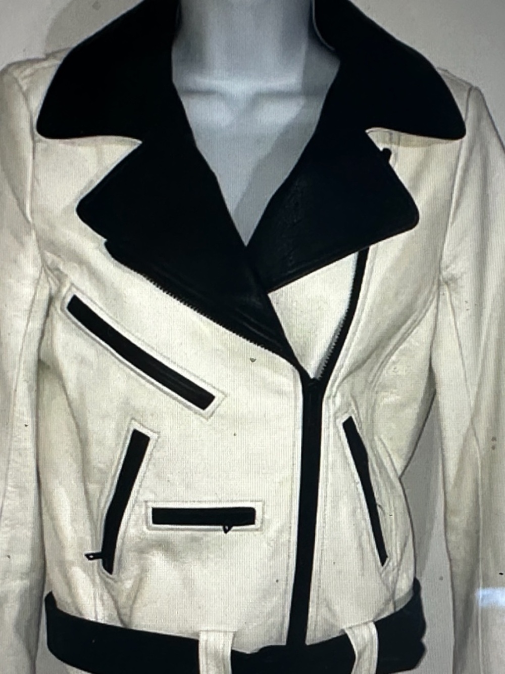 ALC white leather biker moto jacket with Black trim